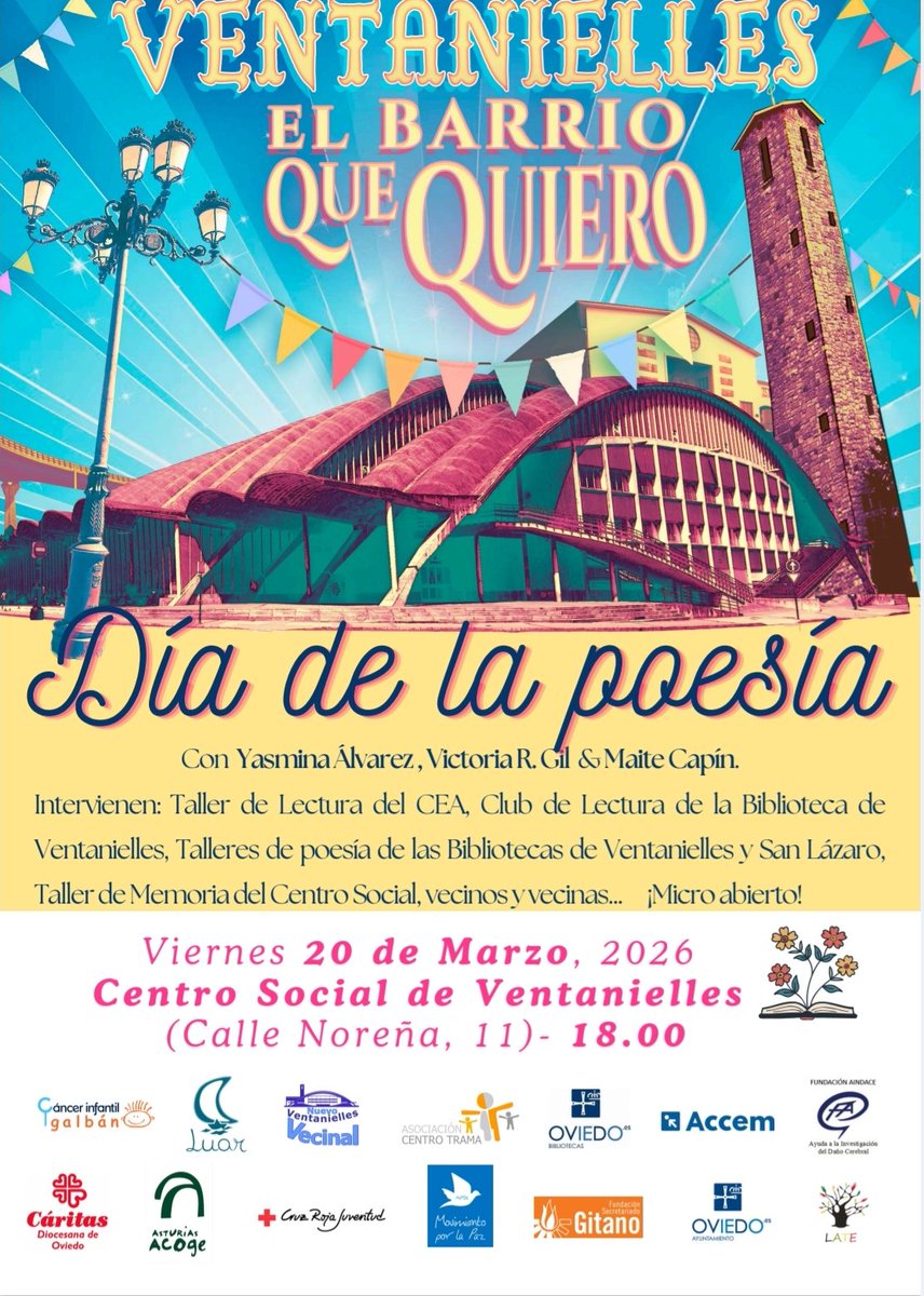 =Ventanielles El Barrio Que Quiero=
Día Internacional de la Poesía. 
VIERNES día 20 a las 18:00 h en el Centro Social de Ventanielles
(el provisional en calle Noreña 11, en la zona de Torrejardin).
Como siempre habrá micro abierto. 
Os esperamos! mioviedo.com/ventanielles-c…