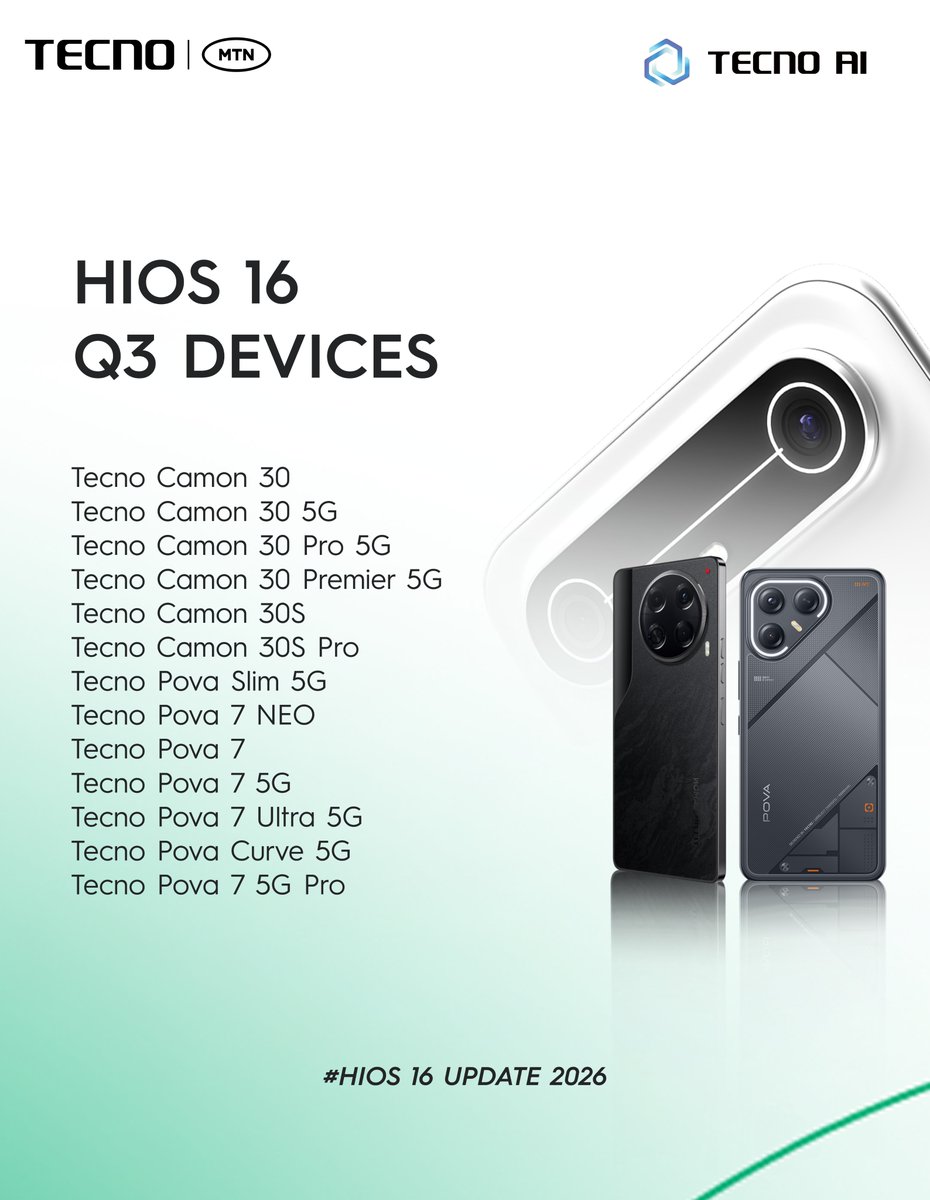 TECNOMobileUG's tweet image. Your #TECNO phone is about to hit different.🫡

HiOS 16 is coming Q3 2026. Smarter, smoother and AI powered.
Check if your device made the cut👇