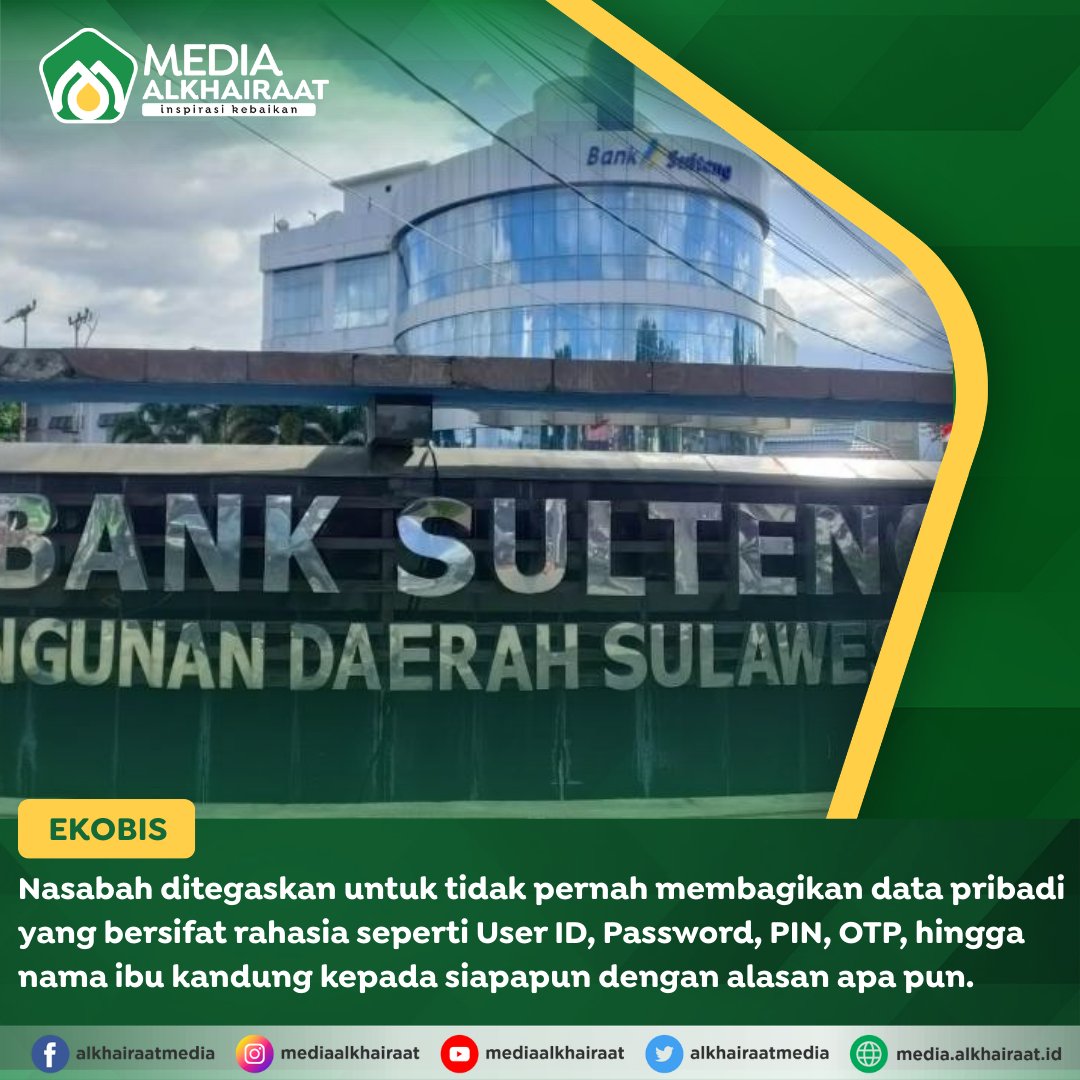 AlkhairaatMedia's tweet photo. π¨ AWAS MODUS PENIPUAN LEBARAN! π¨
Sobat @BankSulteng, jangan sampai THR amblas gara-gara kena tipu! π« JANGAN KASIH: PIN, OTP, Password, & Nama Ibu Kandung. π« JANGAN KLIK: Link APK palsu, tagihan pajak zonk, & CS palsu di WA. #BankSulteng #CyberCrime #InfoPalu #Sulteng https://t.co/1701U6Nfwe