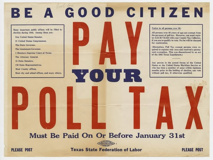 NancyRaeBow's tweet photo. Poll taxes in the US were primarily implemented by Southern Democratic legislatures in the late 19th and early 20th centuries as part of Jim Crow laws. https://t.co/ZDz0v0ki3R