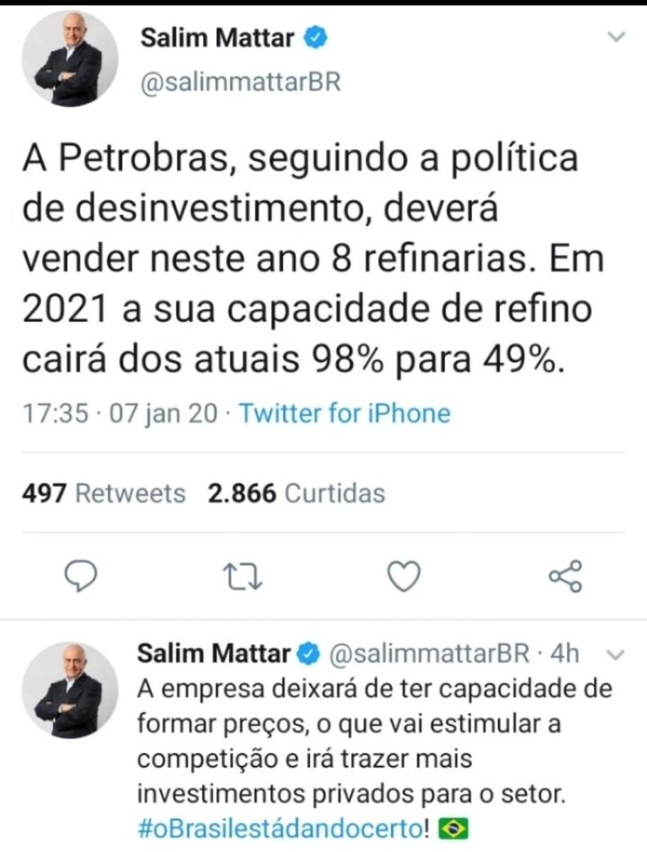 PARABENS SALIM MATTAR, PARABENS BOLSONARO E PAULO GUEDES.
DEU TUDO CERTO
AGORA O BRASIL É  REFEM DO PRECO INTERNACIONAL E DOS EMPRESARIOS AUMENTANDO O PRECO DOS COMBUSTÍVEIS PQ QUEREM LUCRAR MAIS
LINDO MUNDO DO MERCADO E DA INCIATIVA PRIVADA.