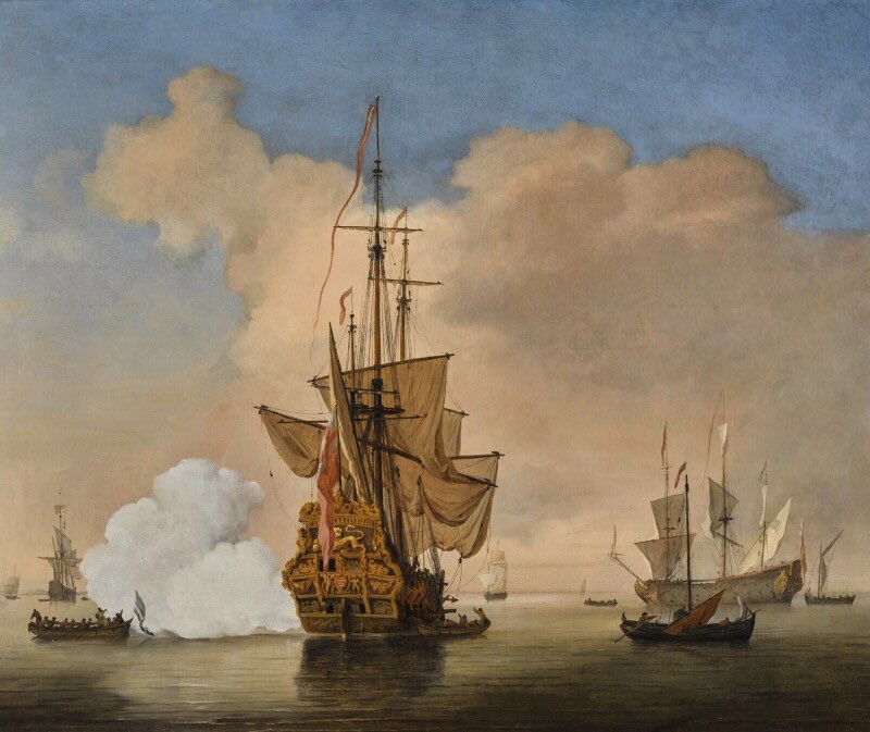 A calm with an English merchant ship at anchor.  
Willem van de Velde (||) and studio