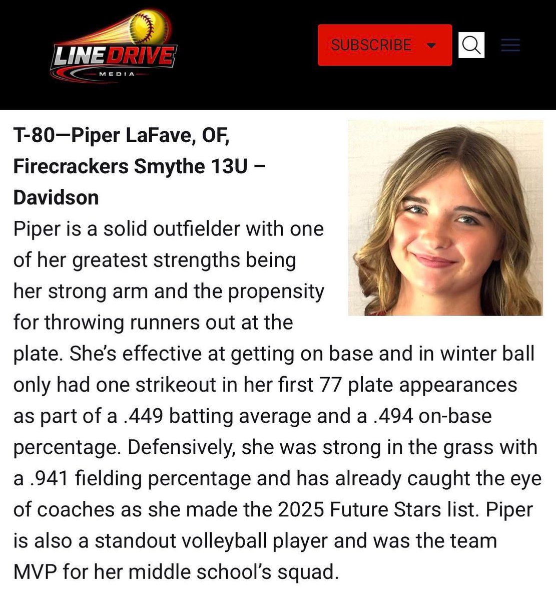 Congrats to another teammate, <a href="/PiperLaFave21/">Piper LaFave</a> on making <a href="/LineDsoftball/">Line Drive Media</a>'s Top 100!!