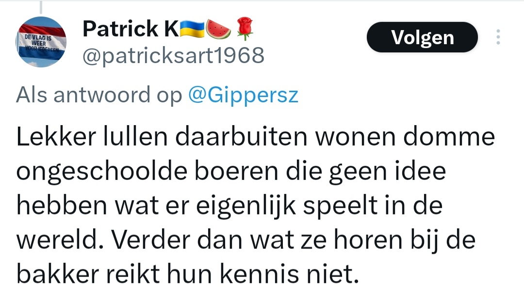 BertvanVondel's tweet photo. Volgens @patricksart1968 wonen €buiten de #stad alleen maar #ongeschoolde #boeren terwijl hij zelf niet eens het verschil tussen jouw en jou weet. Wat een #dombo is did gast. https://t.co/F2CK9t77Gh