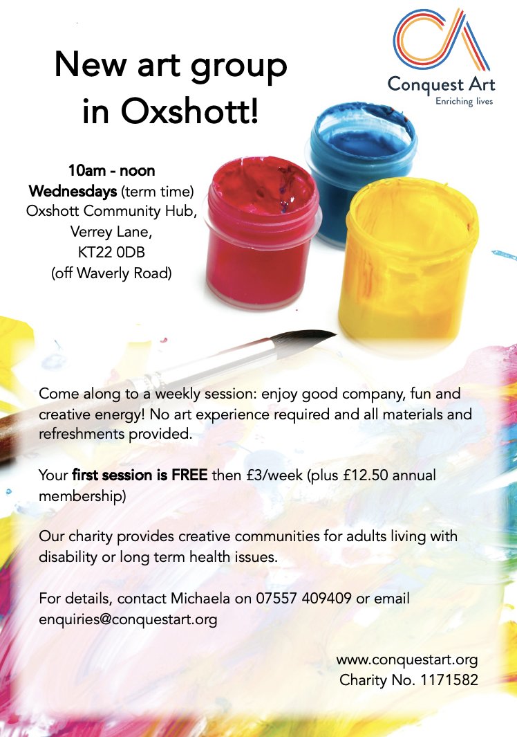 ConquestArt's tweet photo. Our new group in Oxshott is open!  Any adult who lives with disability or health issues, come along and get creative!
#art #artgroup #oxshott https://t.co/RTMJarIguJ