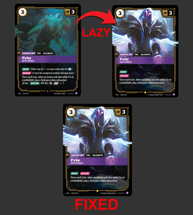 SolDogAlpha's tweet photo. @playriftbound @riftboundop 

Why does your design on the right look LAZY?

Only removing the text seems lazy and card looks ugly.

Looks much cleaner in Fixed version IMO

#riftbound #design https://t.co/0gwTBzU9qj