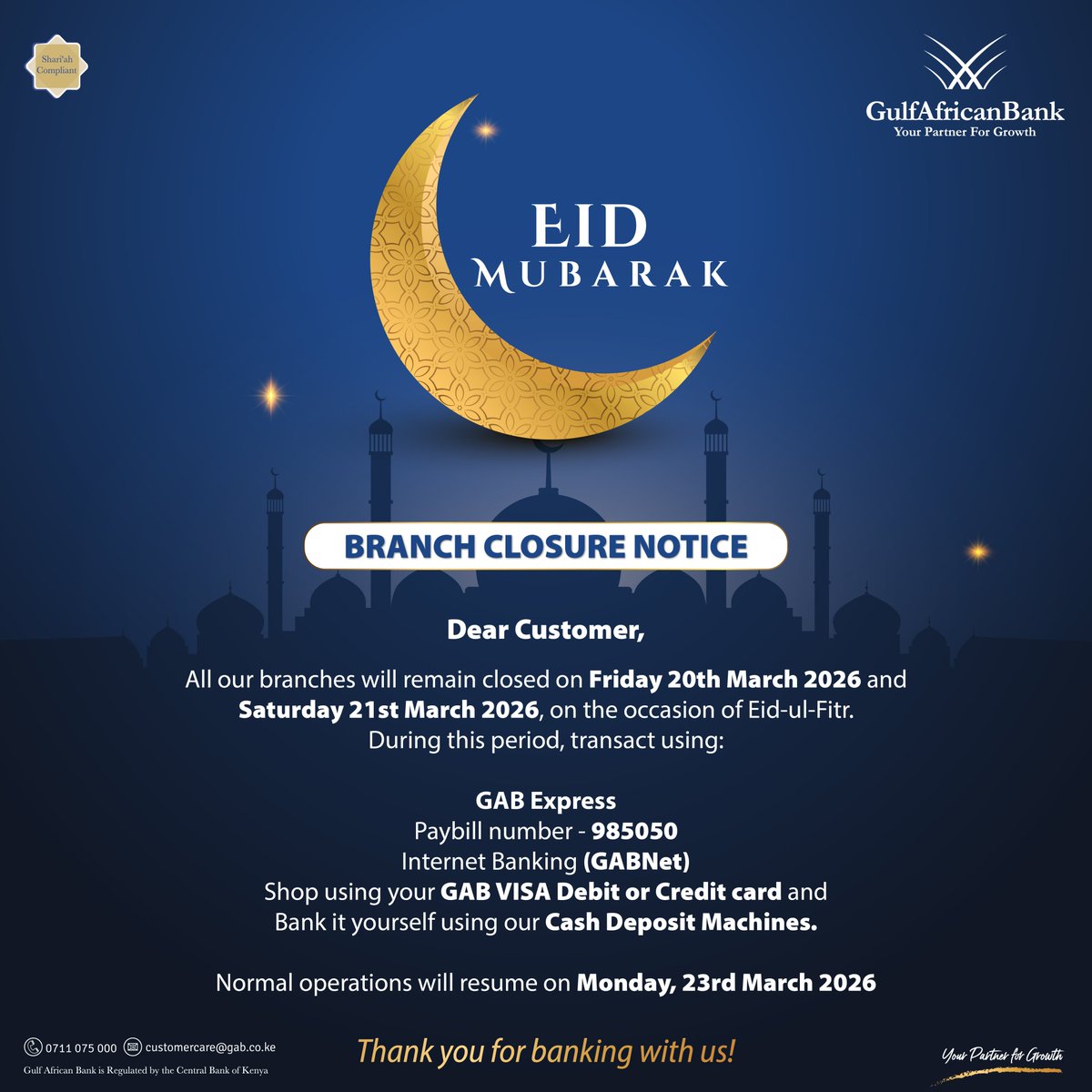 GulfAfricanBank's tweet photo. Eid branch closure notice. https://t.co/3PQvYmXSUW