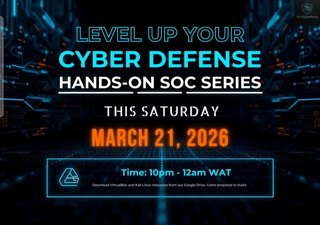 NxtCyberForge's tweet photo. Exciting news!!​ 

🚀 Join NXT CyberForge  for Part 1 of our SOC training series!

 🗓: March 21, 2026 
​🛠️ Agenda: Install VirtualBox &amp; Kali Linux.
📂 Pre-req: Download resources before the date [https://t.co/v8y8ydNWRh]
Meeting Link: https://t.co/w03Y4dIqTn

Let's get techie! https://t.co/zFsKQ8NTAb