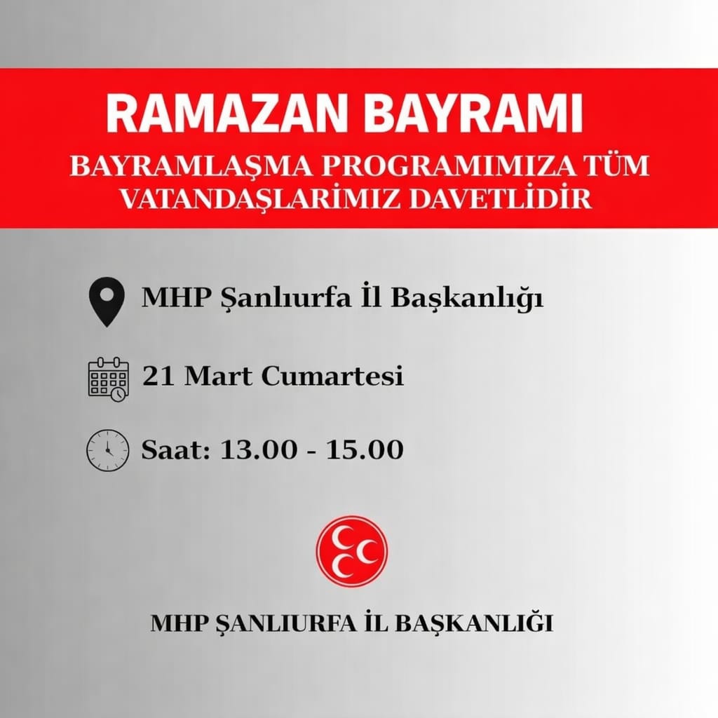 Sanliurfa_MHP's tweet photo. Milliyetçi Hareket Partisi Şanlıurfa il Başkanlığı geleneksel Bayramlaşma Programı Ramazan Bayramı
2.Günü saat 13:00 ile 15:00 arası il Başkanlığı Binasında gerçekleşecektir. 
Tüm vatandaşlarımız davetlidir.
Mahmut Güneş
MHP Şanlıurfa il Başkanı 

@dbdevletbahceli @MHP_Bilgi @E_SemihYalcin @mgmahmutgunes @Sanliurfa_MHP