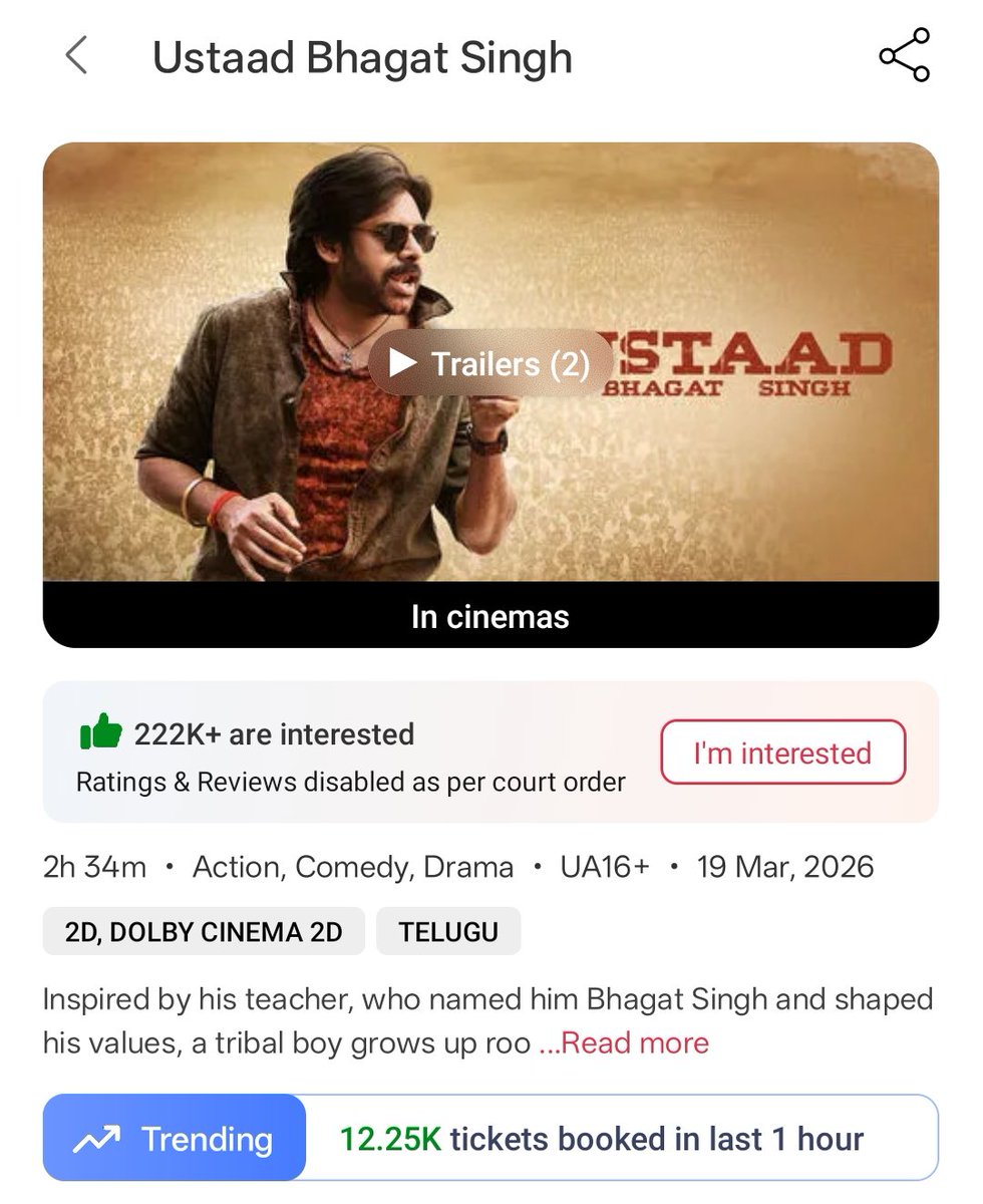 UrsVamsiShekar's tweet photo. USTAAD EUPHORIA 🤘😎

12.25K tickets booked in the last 1 hour on @bookmyshow for #UstaadBhagatSingh 🔥🔥

#UstaadUgadhi ❤️ https://t.co/RFJZpeMStA