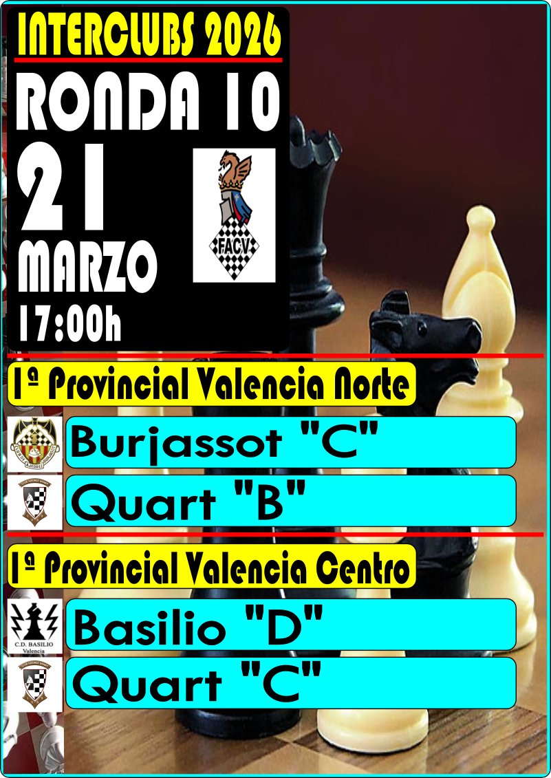 ajedrezquart's tweet photo. Interclubs 2026: 👇👇
Encuentros:  QUART “B” y QUART "C"
Ronda 10: 
🗓: 21 de Marzo - ⏰: 17:00h. 
- BURJASSOT “C” vs QUART "B"
📍C/ Bautista Riera, 8 ( Círculo Católico ) - (Burjassot)
🗓: 21 de Marzo - ⏰: 17:00h. 
- BASILIO "D" vs QUART "C"
📍Paseo la Pechina 42, - (Valencia) https://t.co/UXHCaVJZid