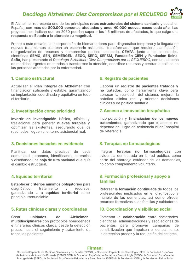 AlzheimerCeafa's tweet image. #DecálogoAlzheimer: #DiezCompromisosporelRECUERDO | 1. Actualizar el Plan Integral de #Alzheimer con financiación suficiente y estable, garantizando su implantación coordinada y equitativa en todo el territorio @sanidadgob