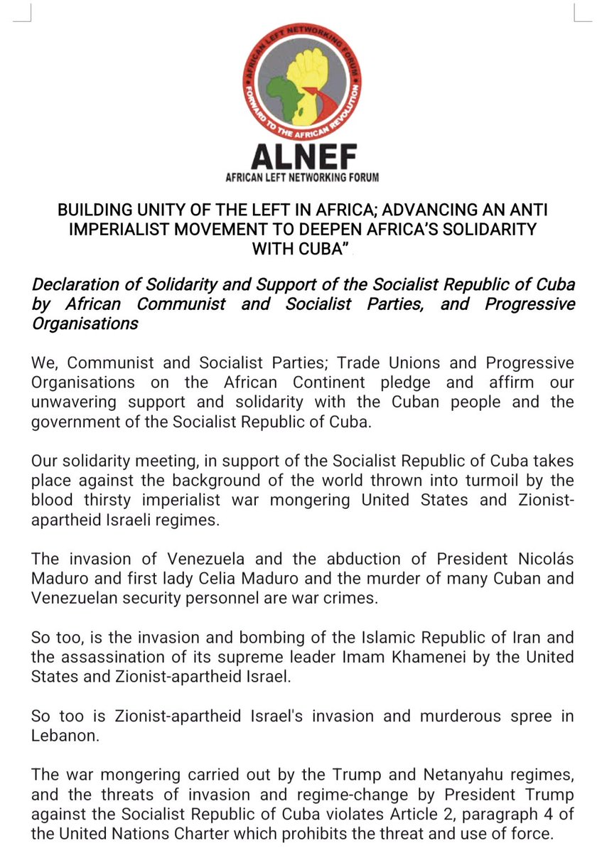 EmbassyCubaZA's tweet photo. 28 African political parties &amp; progressive organizations subscribed an unnequivocal statement of solidarity with the people &amp; govt of #Cuba in the face of the continued aggression from the U.S.

We thank the @SACP1921 for its facilitating role in rallying regional support for 🇨🇺 https://t.co/mkHgcA7G8U