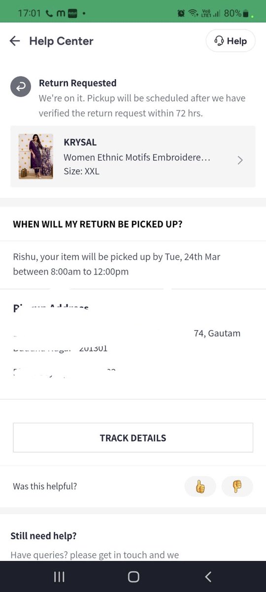 AtanshuGoyal's tweet photo. @myntra disappointed.Ordered a Krysal suit for my mother, but received a product with a different brand tag. Raised a return request with all tags and seals intact, yet it was rejected claiming “correct item delivered.” No resolution for 3 days now. #fraud #scam https://t.co/aTLYMMahMp