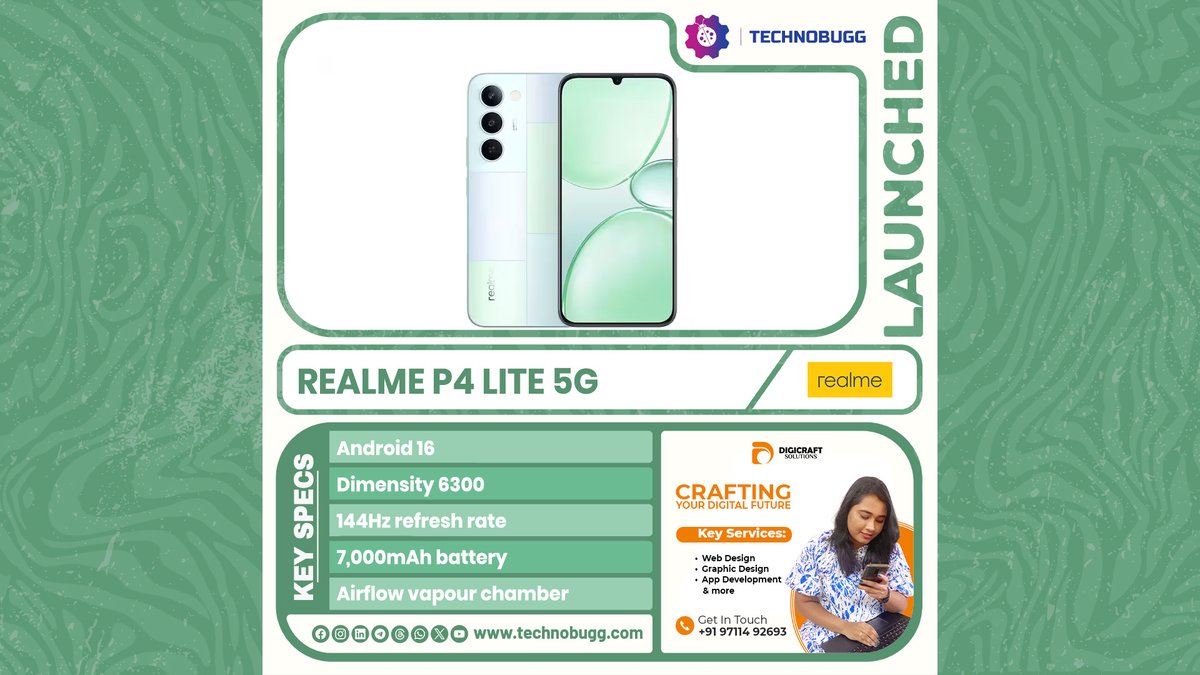 TechnobuggTweet's tweet image. Realme P4 Lite 5G Launched in India

Read more : technobugg.com/realme-p4-lite…

#Realme #RealmeP4Lite5G #Breaking #Technobugg #technews