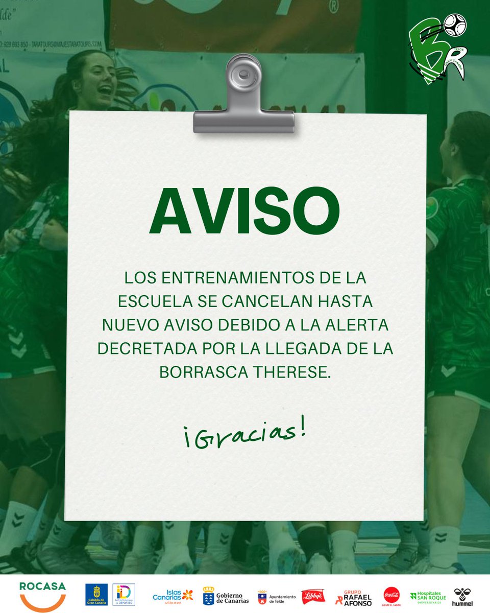 ⚠️  Debido a la alerta decretada por la llegada de la borrasca, quedan suspendidos los entrenamientos de la escuela hasta nuevo aviso.

La seguridad es lo primero. Iremos informando de cualquier novedad.💚

#RocasaGranCanaria #Aviso #EscuelaRocasa #BalonmanoBase #GranCanaria
