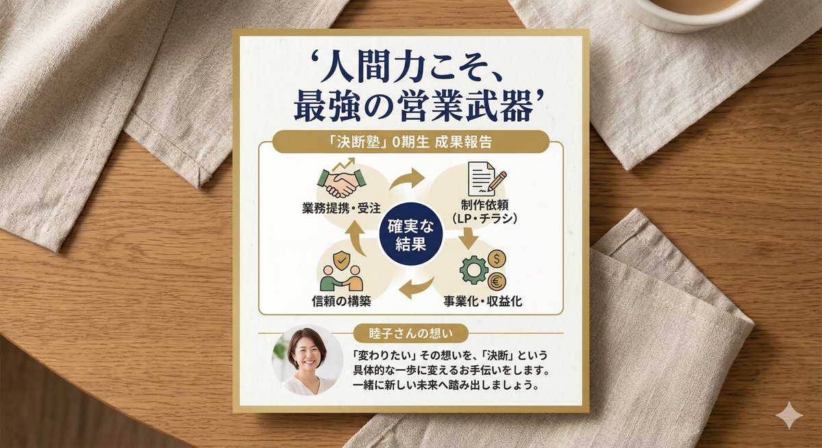 MovieAI_main's tweet photo. 「スキルはあるのに、形にできない」

 そんな悩みを終わらせるために始めた『決断塾』。
先行0期生からは、毎週のように報告が届いています。 

✅ 念願の業務提携が決定
✅ 高単価な業務委託を受注 
✅ チラシやLP制作の依頼を獲得

決断し、動けば、現実は変わる。
 待望の【1期生】募集、まもなく開始します。