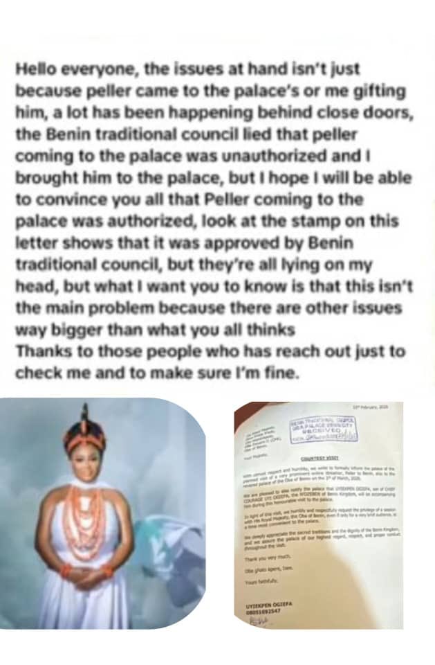 The queen made statements that peller was allowed to come in to palace because it was approved by the Benin 🇧🇯 traditionnal  council