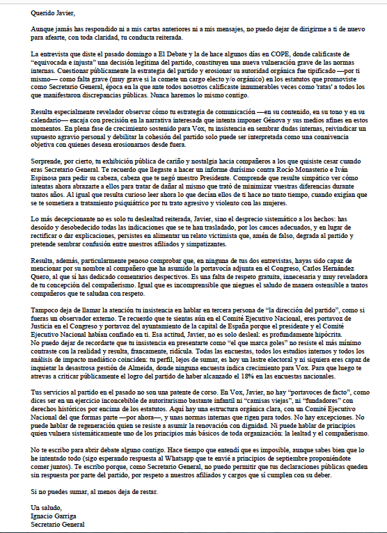 josejavierespa's tweet photo. La carta de Garriga a Ortega Smith. 
Todo queda dicho. https://t.co/Os2fXfh40Z