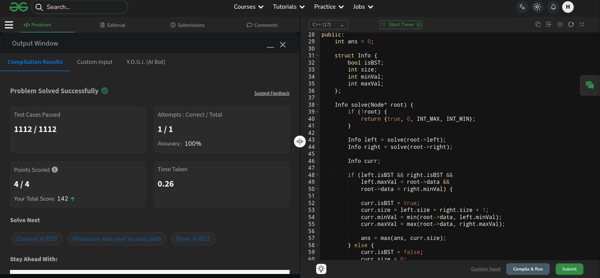 Harshit42077's tweet photo. 🔥 Day 31 of 60 Days Code challenge
 Today I have solved the #POTD " Largest BST " 
It was very difficult problem I makes multiple logics to solved it out after some time I solved it for this all thank you very much to @geeksforgeeks  and @NPCI_NPCI 
#geekstreak60
#npci
#POTD https://t.co/cqvwMbPLNk