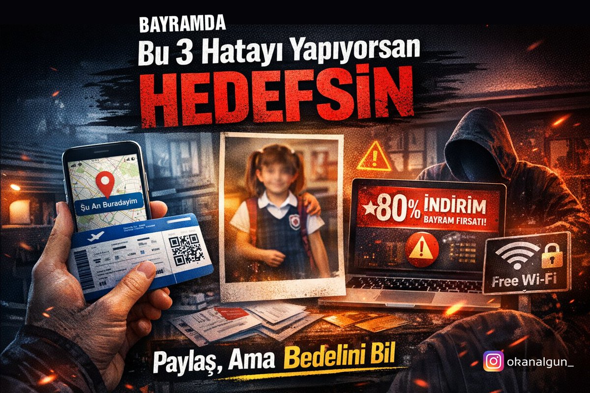 okanalgun's tweet photo. Konum paylaşımı, bilet ve rezervasyon detayları, çocuk fotoğrafları ve sahte kampanyalar; farkında olmadan sizi ve sevdiklerinizi hedef haline getirebilir. Saldırılar çoğunlukla insanların en mutlu veya en savunmasız, dikkatlerinin dağıldığı anlarda gerçekleşir. https://t.co/hcRileKsEt
