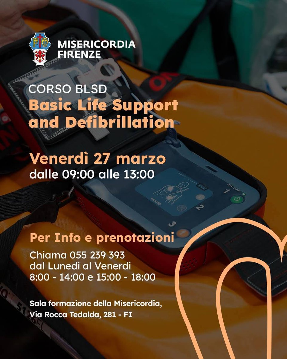Quando ogni secondo conta, sapere cosa fare è fondamentale 🧡
Partecipa al corso BLSD della Misericordia di Firenze!

📅  27 marzo
🕒 09:00 - 13:00
📍 Via Rocca Tedalda, 281 Firenze

Info e prenotazioni: 
📞 055 239393

__
📍Misericordia di Firenze
📞 Tel: 055 21.22.22