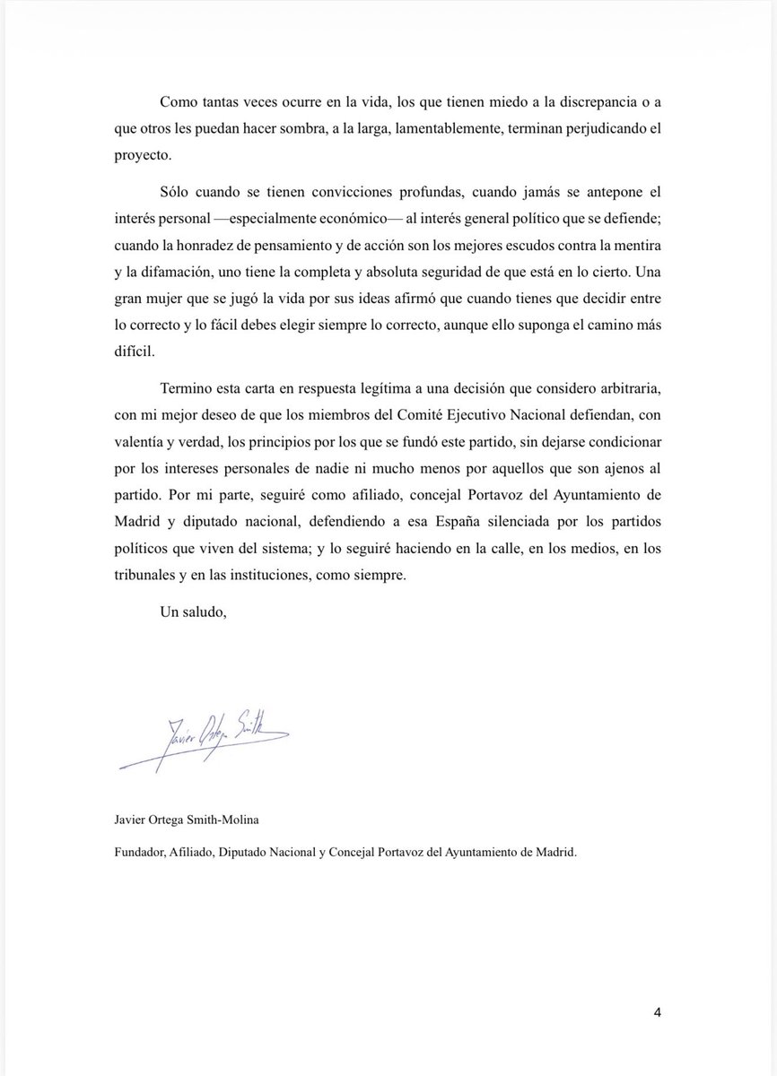 Ortega_Smith's tweet photo. No puedo aceptar que los 4 que han secuestrado un proyecto político al servicio de los españoles, convirtiéndolo en su gallina de los huevos de oro, vayan dando lecciones.

Ante filtraciones interesadas, mentiras y manipulaciones, me veo obligado a compartir la carta -que nunca tuvo respuesta- que remití a los miembros del CEN días después de su injustificada decisión de expulsarme de dicho órgano. Aquellos que siempre hemos sumado nunca vamos a bajar la cabeza.

Garriga, espero que tu próxima filtración sea el modelo 347.