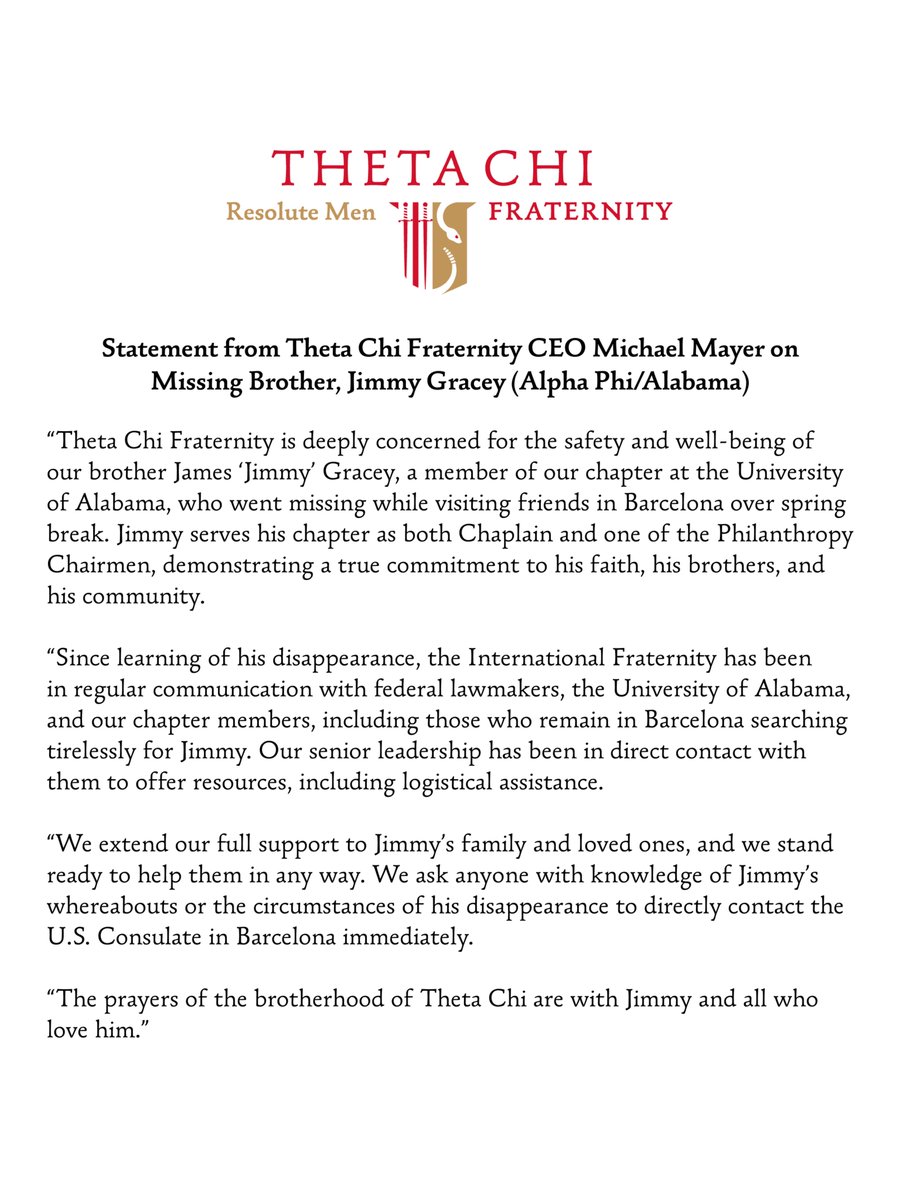 ThetaChiIHQ's tweet photo. Statement from Theta Chi Fraternity CEO Michael Mayer on Missing Brother, Jimmy Gracey (Alpha Phi/Alabama). https://t.co/M6GpICp4dH