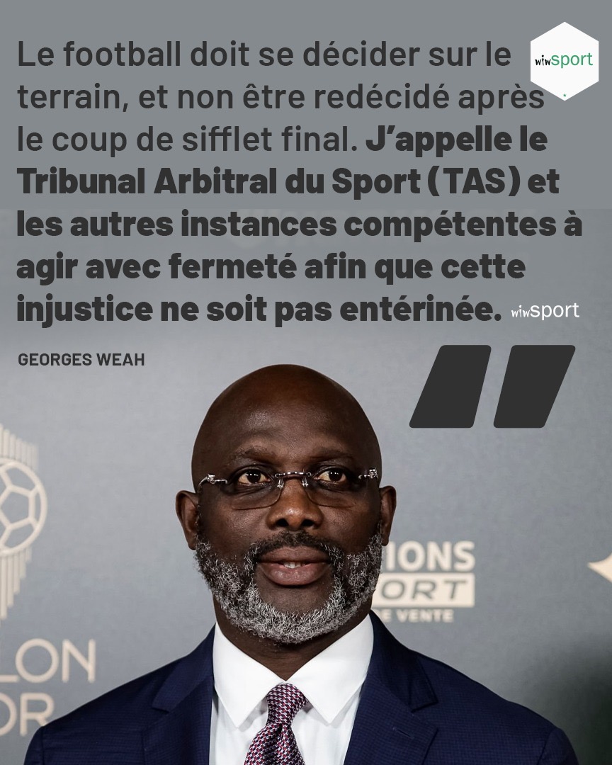 wiwsport's tweet image. George Weah sort du silence et recadre le débat.

La légende du ⚽️ africain s’oppose clairement à la décision de la CAF et défend la victoire du 🇸🇳

Il en profite surtout pour démentir fermement une fake news largement relayée, lui attribuant un soutien à la position marocaine.