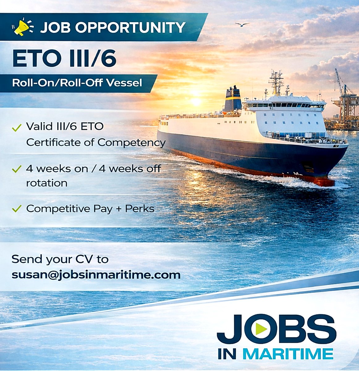 Jobsinmaritime's tweet photo. ETO III/6 | April 2026 | UK

Req:
- Valid III/6 ETO COC
- Legal right to work in the UK 
- All mandatory STCW certificates up to date

Offer: 
- Competitive salary 
- 4 weeks on / 4 weeks off rotation 
- Medical Insurance 
 
Please send your CV to susan@jobsinmaritime.com https://t.co/IkdFxBLXhZ