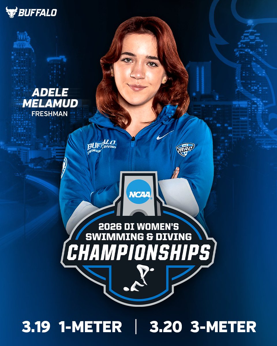 UBuffaloSD's tweet photo. 𝐍𝐂𝐀𝐀 𝐂𝐡𝐚𝐦𝐩𝐢𝐨𝐧𝐬𝐡𝐢𝐩𝐬!

Freshman Adele Melamud is competing at the NCAA Swimming &amp; Diving Championships on Thursday at Friday! Preliminary rounds begin at 10 a.m. Finals at 6 p.m.

𝗥𝗲𝘀𝘂𝗹𝘁𝘀 &amp; 𝗦𝘁𝗿𝗲𝗮𝗺𝘀: https://t.co/mirKpMcGTe

#UBhornsUP https://t.co/J1PTHPzUss