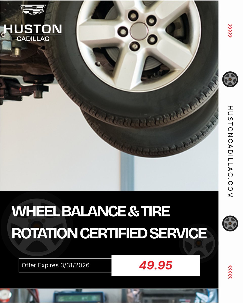 CadillacHuston's tweet image. Keep your vehicle riding smooth with certified care at Huston Cadillac in Lake Wales, FL! 🔧🚘 For just $49.95, get a Wheel Balance &amp;amp; Tire Rotation Certified Service. Hurry—offer expires 3/31/2026! ⏳

🔧https://bit.ly/4beex67

#HustonCadillac #TireRotation #WheelBalance