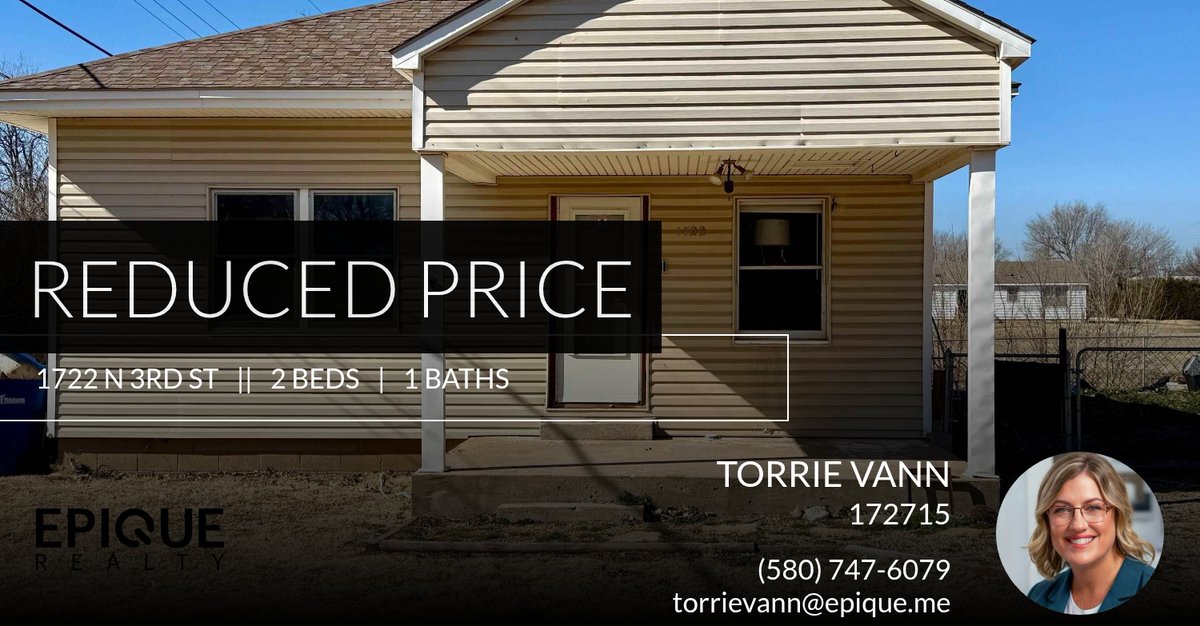 RealtorTorrie's tweet photo. 📍 Reduced Price 📍 This recently reduced home at 1722 N 3rd St in Enid won't last long, so, don't wait to set up a showing! Reach out here or at (580) 747-6079 for more information!

Torrie Vann
REALTOR®, CRS
Epique Realty https://t.co/dzfUUoBCHl https://t.co/pY1ukxBlnP