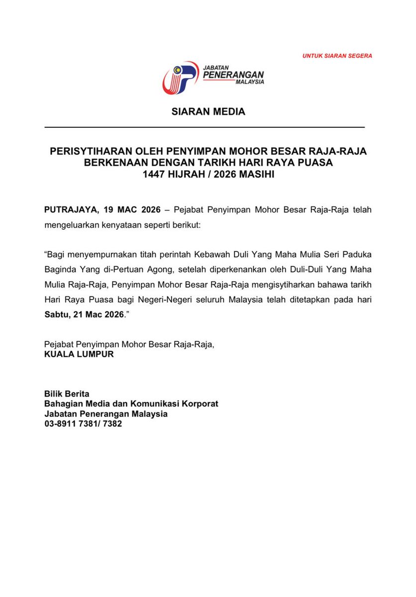 BernamaBiz's tweet photo. Tarikh Hari Raya Puasa bagi negeri-Negeri seluruh Malaysia telah ditetapkan pada hari Sabtu, 21 Mac 2026

#BernamaBiz https://t.co/ntSTZONuNO