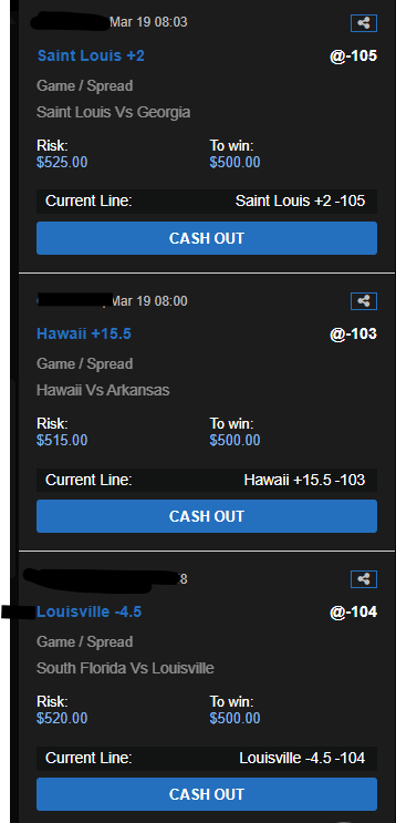 GrindingEddie's tweet image. Thu Mar 19

NCAAT:

Hawaii +15.5 -103
Louisville -4.5 -104
Saint Louis +2 -105
Michigan St -16 -105
North Carolina -2.5 -105
Texas A&amp;amp;M/St Mary's U-147.5 -105
