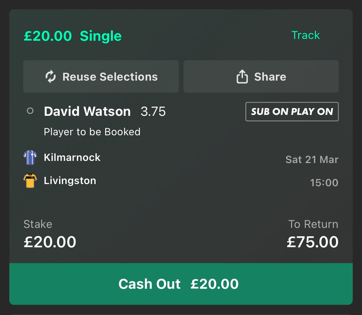 ‼️Scottish Premiership Card Bet ‼️

🏴󠁧󠁢󠁳󠁣󠁴󠁿 Kilmarnock vs Livingston 🏴󠁧󠁢󠁳󠁣󠁴󠁿

Bet: David Watson to get booked at 11/4 (3.75) with bet365 🟨

1 unit play on this one as we think it’s great value! 🏦

Here’s the research 👇

Watson has picked up 10 cards (9 yellows and 1 red) in 27 Scottish