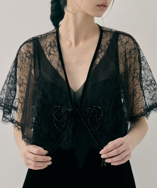 値下げ不可　Tanaka Daisuke ベロア　リボン　ブラック ◻︎ tanakadaisuke flower lace velvet ribbon cape/フラワーレース