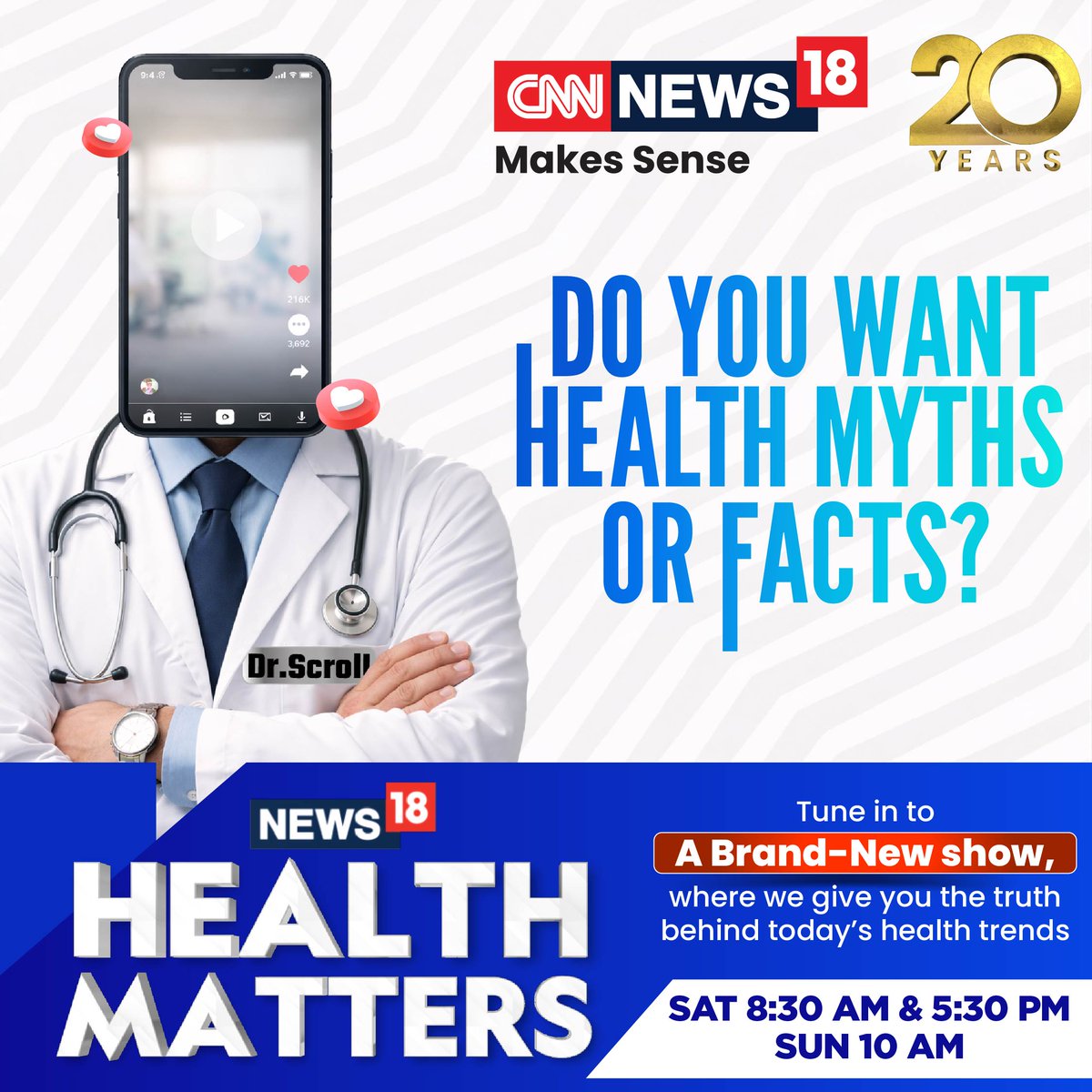 CNNnews18's tweet image. If your health knowledge comes from scrolling, it’s time to pause and switch to facts with Health Matters, a brand new show only on CNN-News18.

#CNNNews18 #MakesSense #HealthMatters