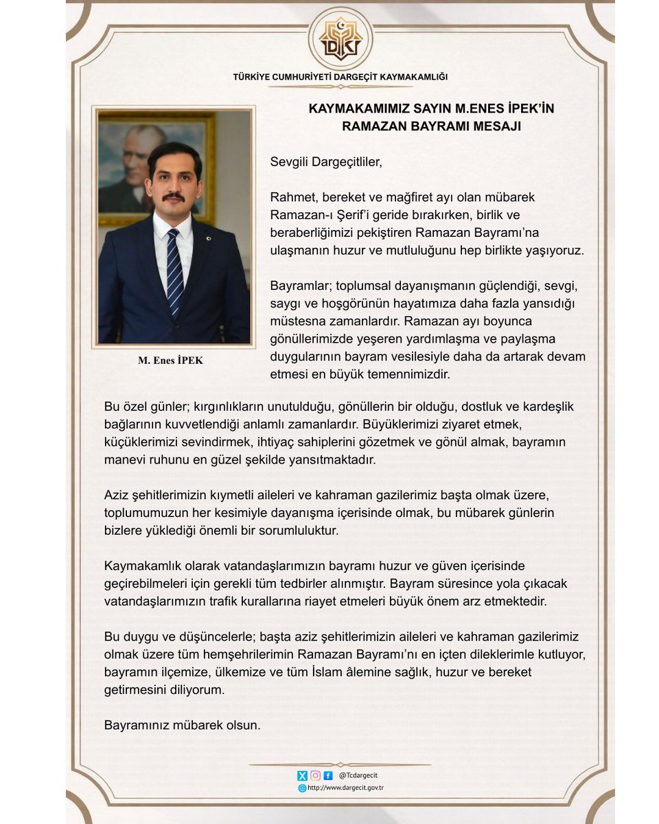 Kaymakamımız Sayın <a href="/menesipek/">Muhammed Enes İpek</a> 'in "Ramazan Bayramı" mesajı