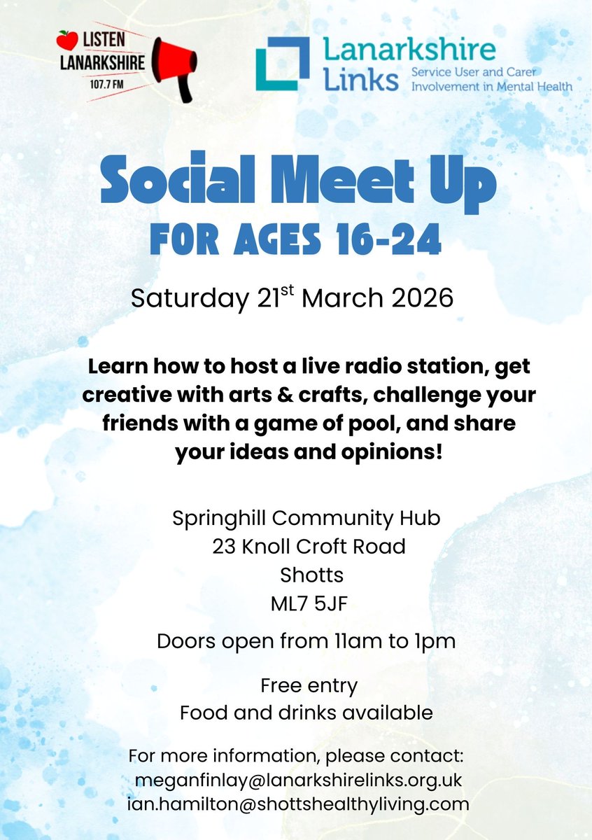 SFLanarkshire's tweet photo. Great opportunity for young people to build skills and be heard. Join us for a friendly and fun, supportive space where you can shape the planning, design and delivery of mental health services in Lanarkshire.
https://t.co/BR0BfLmJ4N https://t.co/S7mlbf2Pbx