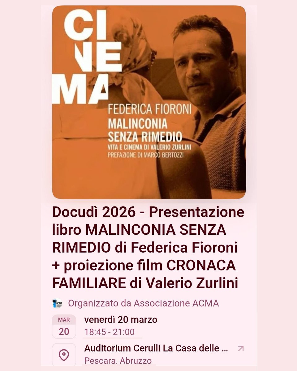 LaicitaFml's tweet photo. #DOCudì2026
Concorso di Cinema Documentario   

#Pescara 20 marzo - 9 maggio 2026

Appuntamenti
Marzo 20  
Aprile 2 - 9 - 16 - 23 - 30  
Maggio 7 - 9  

Auditorium Cerulli h 18:40    

INGRESSO gratuito  con prenotazione 
su https://t.co/Ep2mXt5ObO

INFO  https://t.co/6wOKAizKCE https://t.co/zUn07DM57A