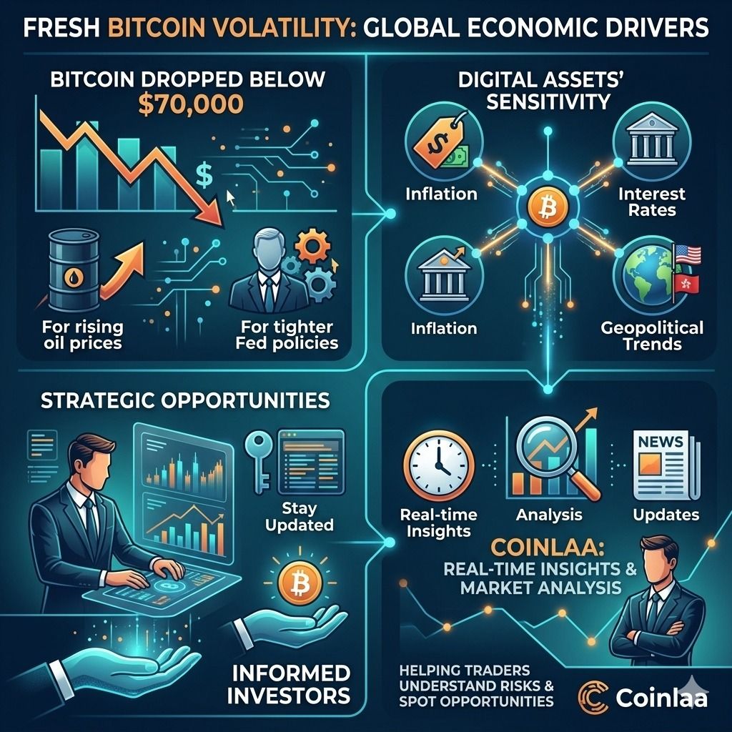 Coinlaaconnect's tweet photo. The crypto market is facing fresh volatility as Bitcoin dropped below $70,000, influenced by rising oil prices and tighter Fed policies.This movement highlights how sensitive digital assets have become to global economic factors like inflation
#CryptoNews #Bitcoin #Coinlaa https://t.co/CpZsZeaap2