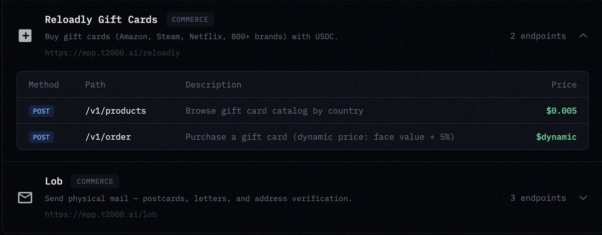 Gift cards. Physical mail. Paid with Sui USDC.

Your agent can now spend money in the real world.

mpp.t2000.ai