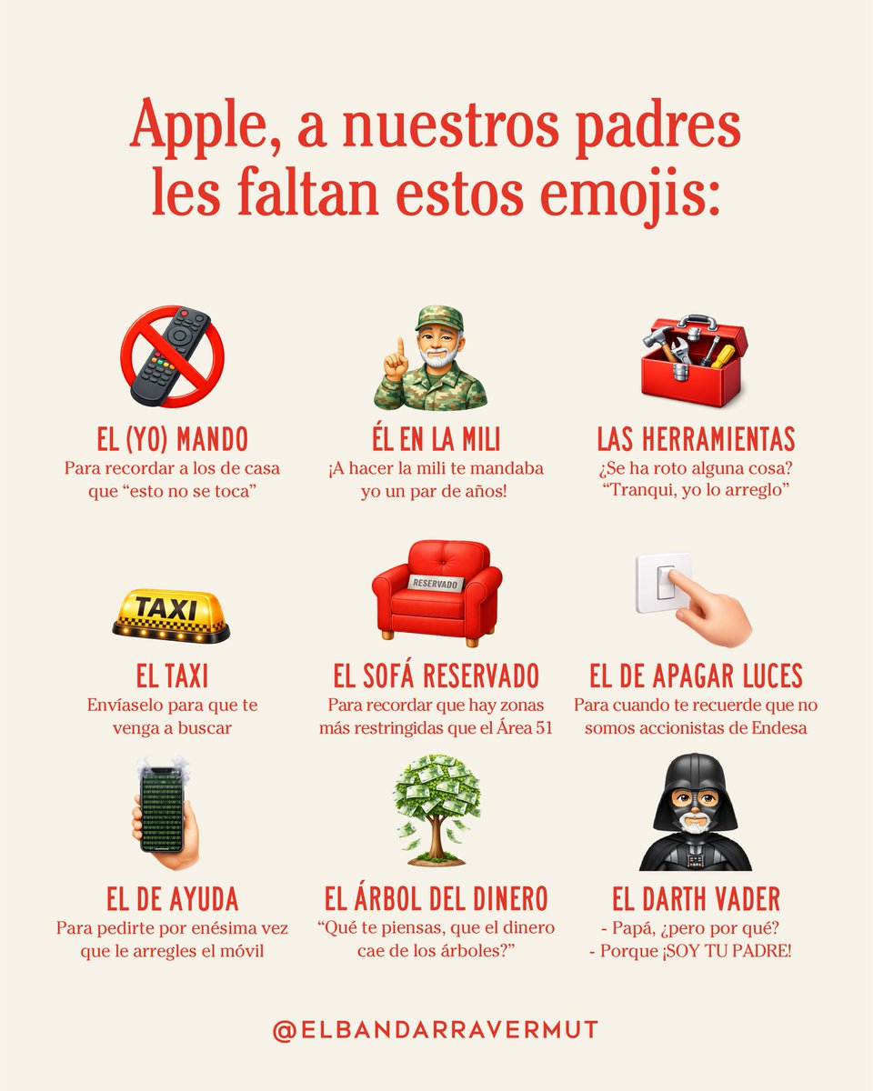 elbandarra's tweet photo. Hoy que es el Día del padre, los amigos de Apple le podrían regalar a tu progenitor un catálogo de emojis que le podrían ser muy útiles. Esperemos que escuchen nuestras plegarias. #elbandarra #aperitivo #vermut https://t.co/rn7hZDJmoa