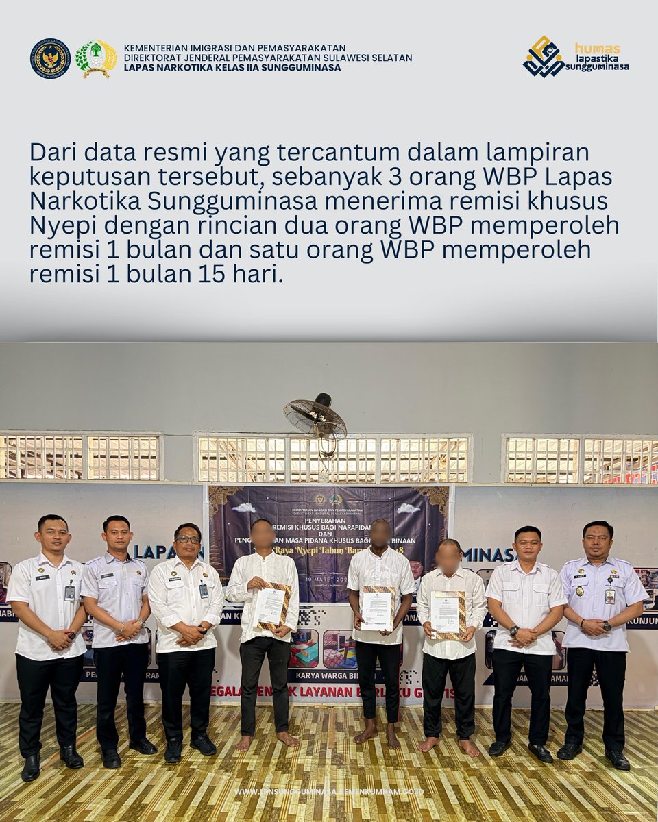 lpnsungguminasa's tweet image. 3 WBP Lapas Narkotika Sungguminasa Terima Remisi Khusus Nyepi 2026, Apresiasi Perilaku Baik WBP

#kemenimipas
#guardandguide
#ditjenpas
#pemasyarakatan
#pemasyarakatansulsel