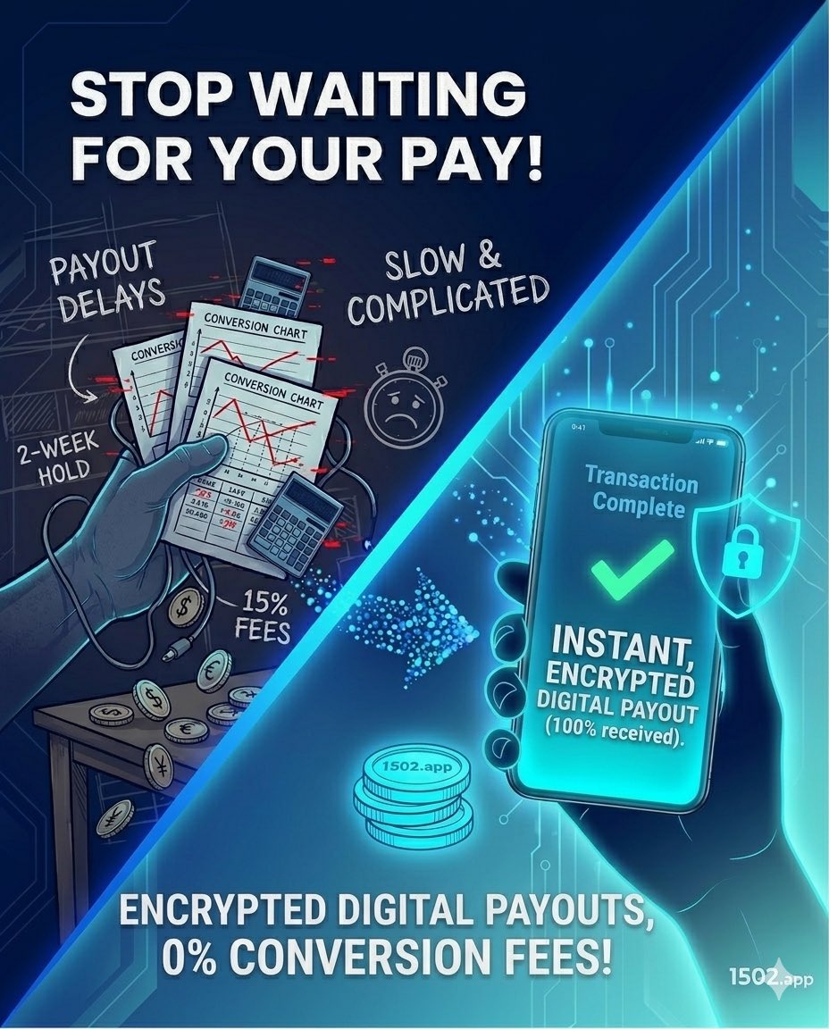Stop waiting for your pay! 🛡
Legacy #freelance platforms delay your payouts with holding periods and complex conversion fees.

1502.app has Secure, #Encrypted Digital Payouts (0% conversion fees). 

Reclaim your autonomy. 🚀
🔗 1502.world

 #Privacy