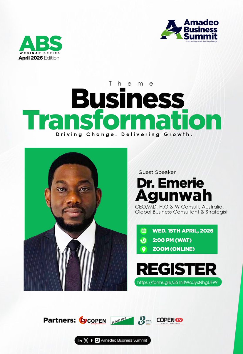 If your business isn’t transforming, it’s falling behind.
Join the ABS Webinar on Business Transformation.

Speaker: Dr. Emerie Agunwah
CEO/MD, H.G &amp; W Consult, Australia.
Global Business Consultant &amp; Strategist
 Register for free: forms.gle/55INfWo5yxNhgu…

#ABS
