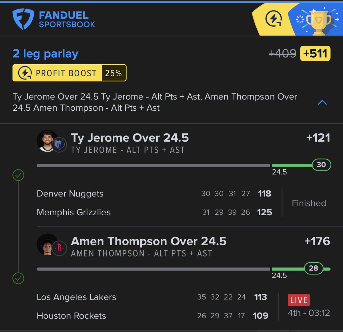 BetWithD_M0NEY's tweet photo. Still cookin with quality over quantity. 

+511✅

We are green in 7/L8. Let’s keep this hot streak going!

Join @_IcyPicks discord for all of my FREE plays. 

#Gambling𝕏 #fanduel #nba #grizzlies #Nuggets #Rockets #Lakers https://t.co/FvBXUro0BE