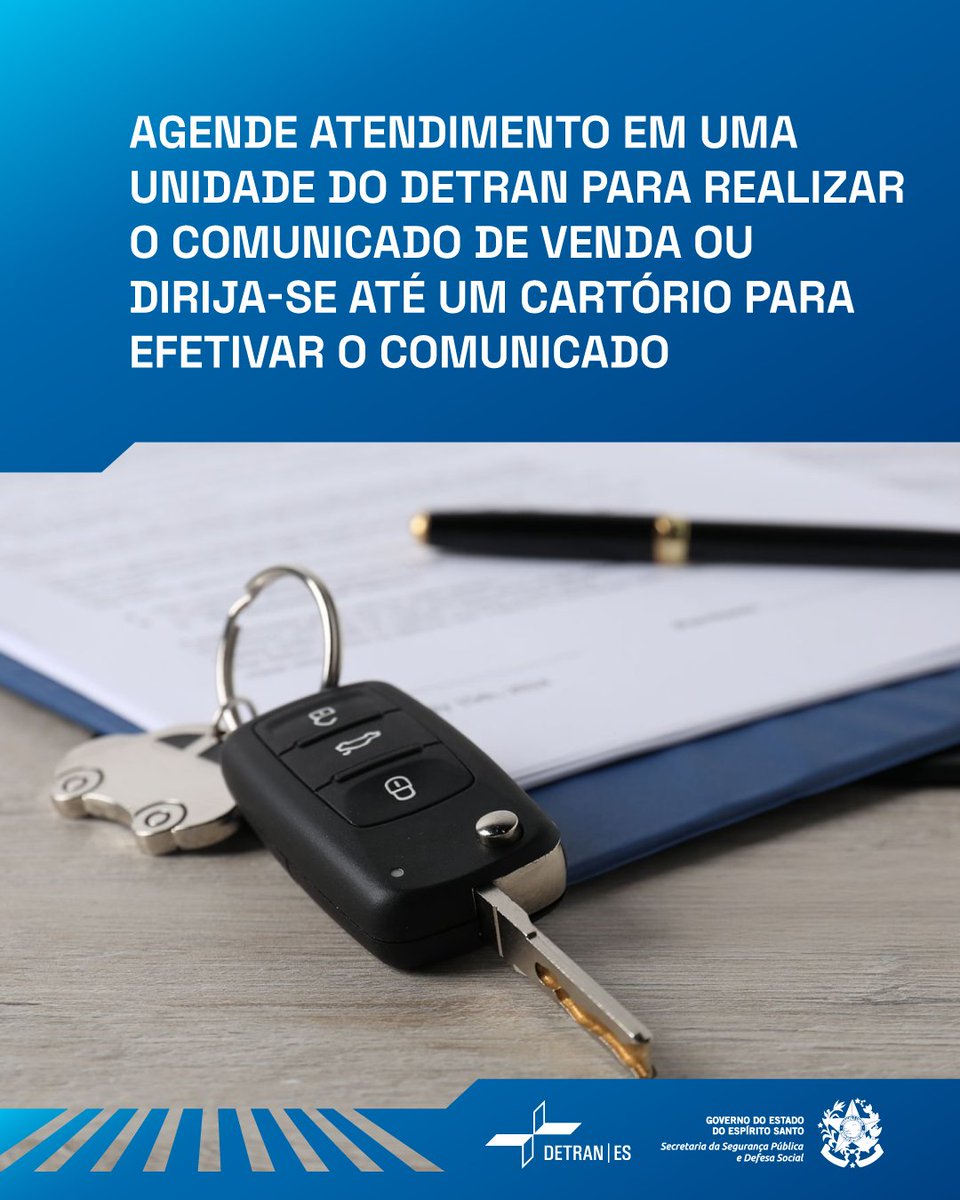 O comunicado de venda protege o antigo proprietário e evita responsabilidade por multas ou débitos após a venda do veículo. O procedimento pode ser feito no Detran ou em cartório autorizado.
#DetranES #ComunicadoDeVenda #ServiçoAoCidadão #TrânsitoSeguro
