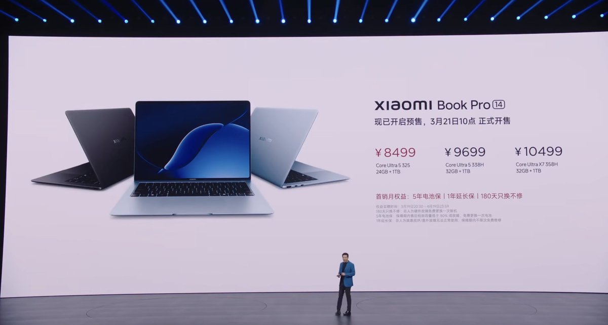 leo_hefeng's tweet photo. 価格が発表されました。
Core Ultra 5 325 24GB+1TB   RMB￥8,499
Core Ultra 5 338H 32GB+1TB   RMB￥9,699
Core Ultra X7 358H 32GB+1TB   RMB￥10,499
#XiaomiBookPro14 https://t.co/MXOJau8qhi